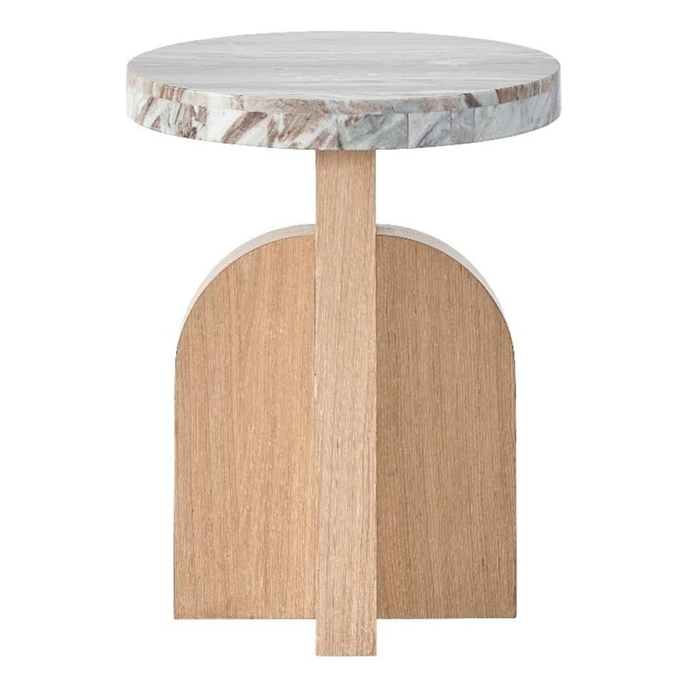 Round Marble Top Oak Wood Accent Table