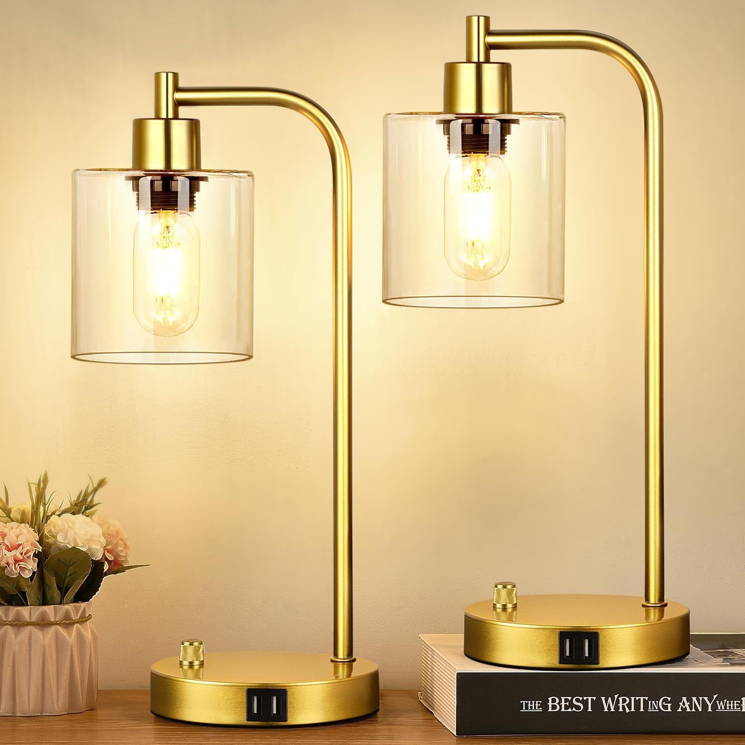 Set of 2 Gold Industrial Table Lamps with Clear Glass Shade