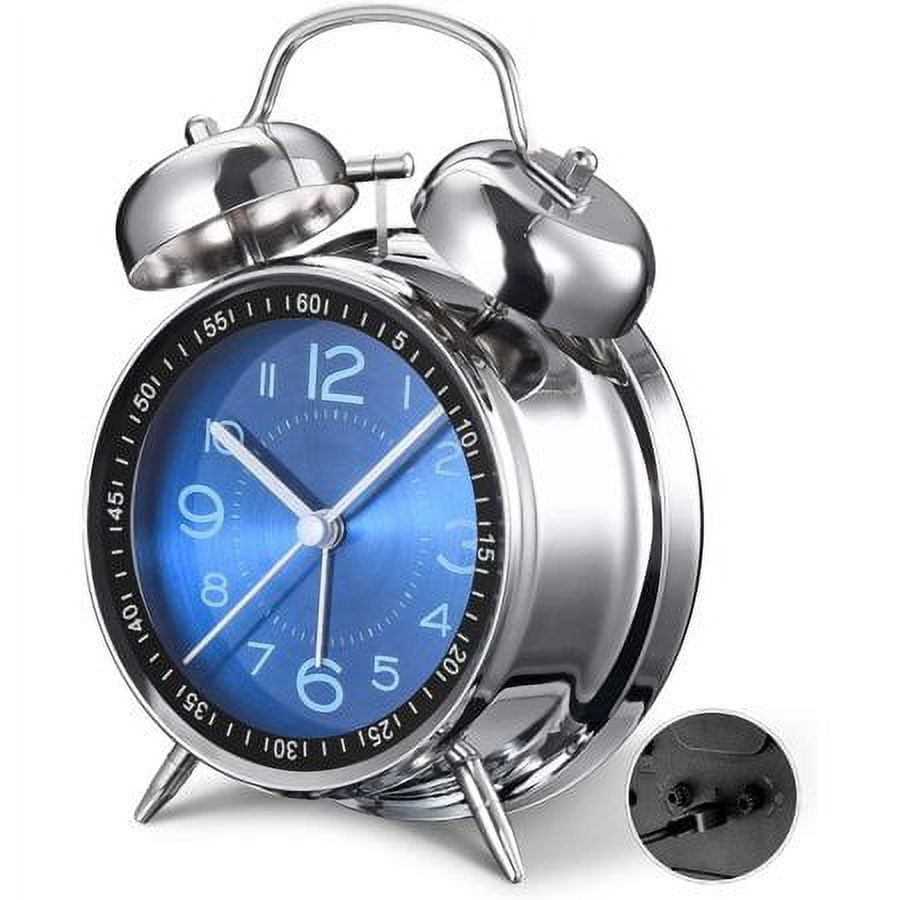 Blue Twin Bell Retro Metal Analog Alarm Clock