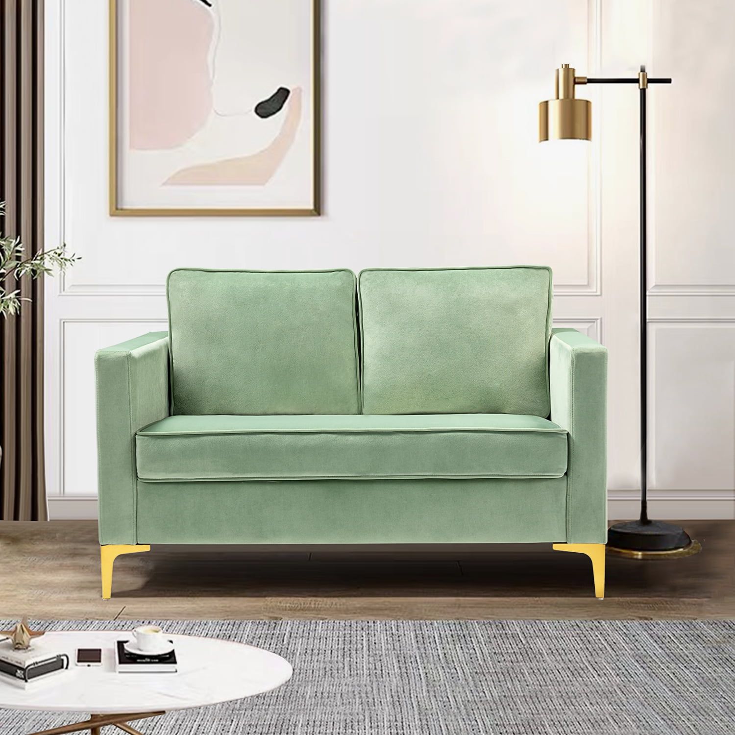 Sage Velvet Tufted 2-Seater Pillow Back Sofa with Solid Wood Base