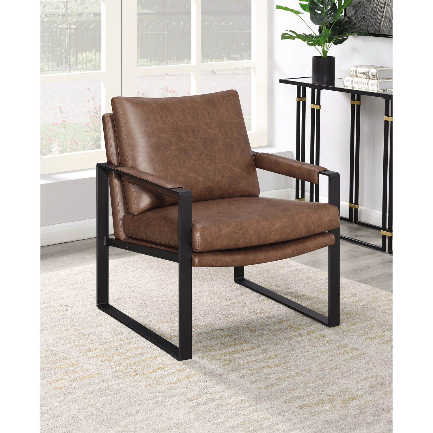 Transitional Umber Brown Faux Leather Accent Chair with Gunmetal Frame