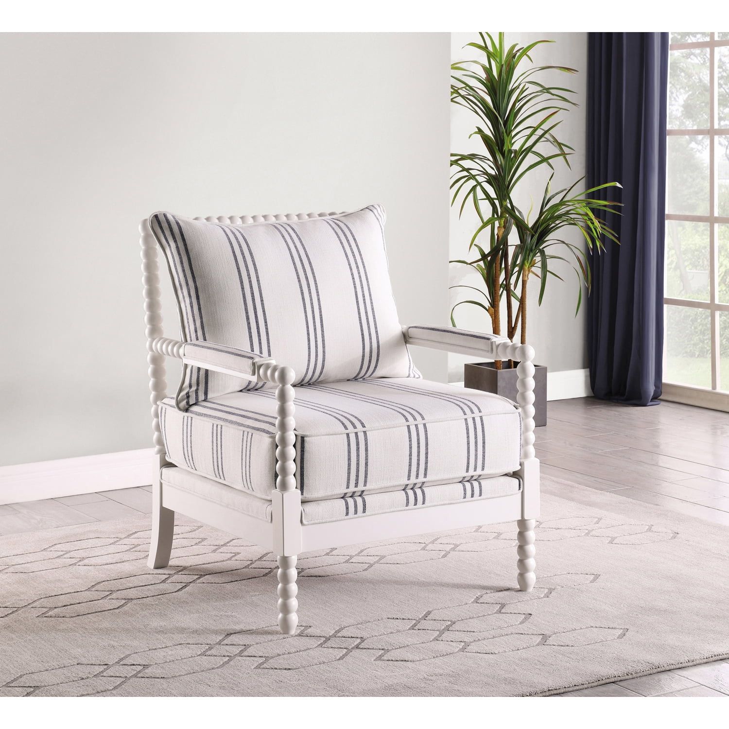 White Linen Barrel Accent Chair with Spindle Wood Frame