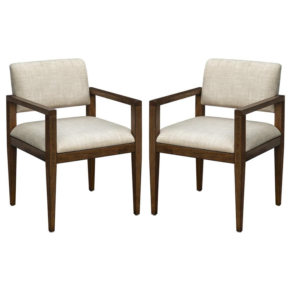 Beige Upholstered Arm Chairs with Wood Frame, Set of 2