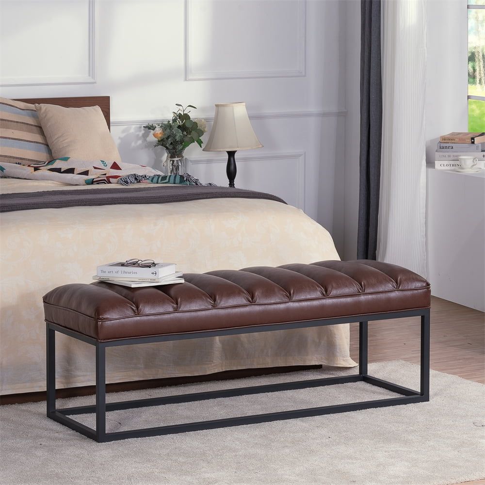 Dark Brown 53.54" Faux Leather Tufted Bedroom Bench with Metal Base