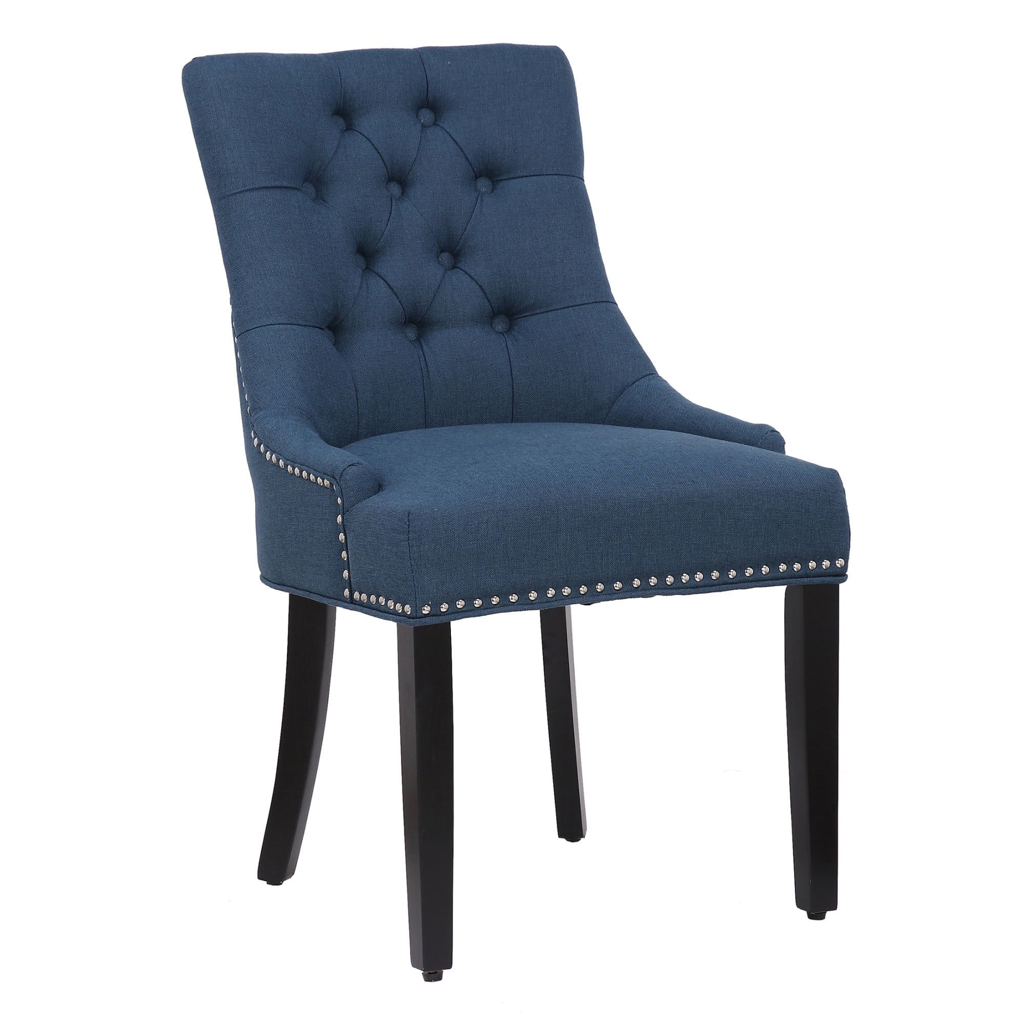 Blue Linen Upholstered Tufted Dining Side Chair with Rubberwood Legs