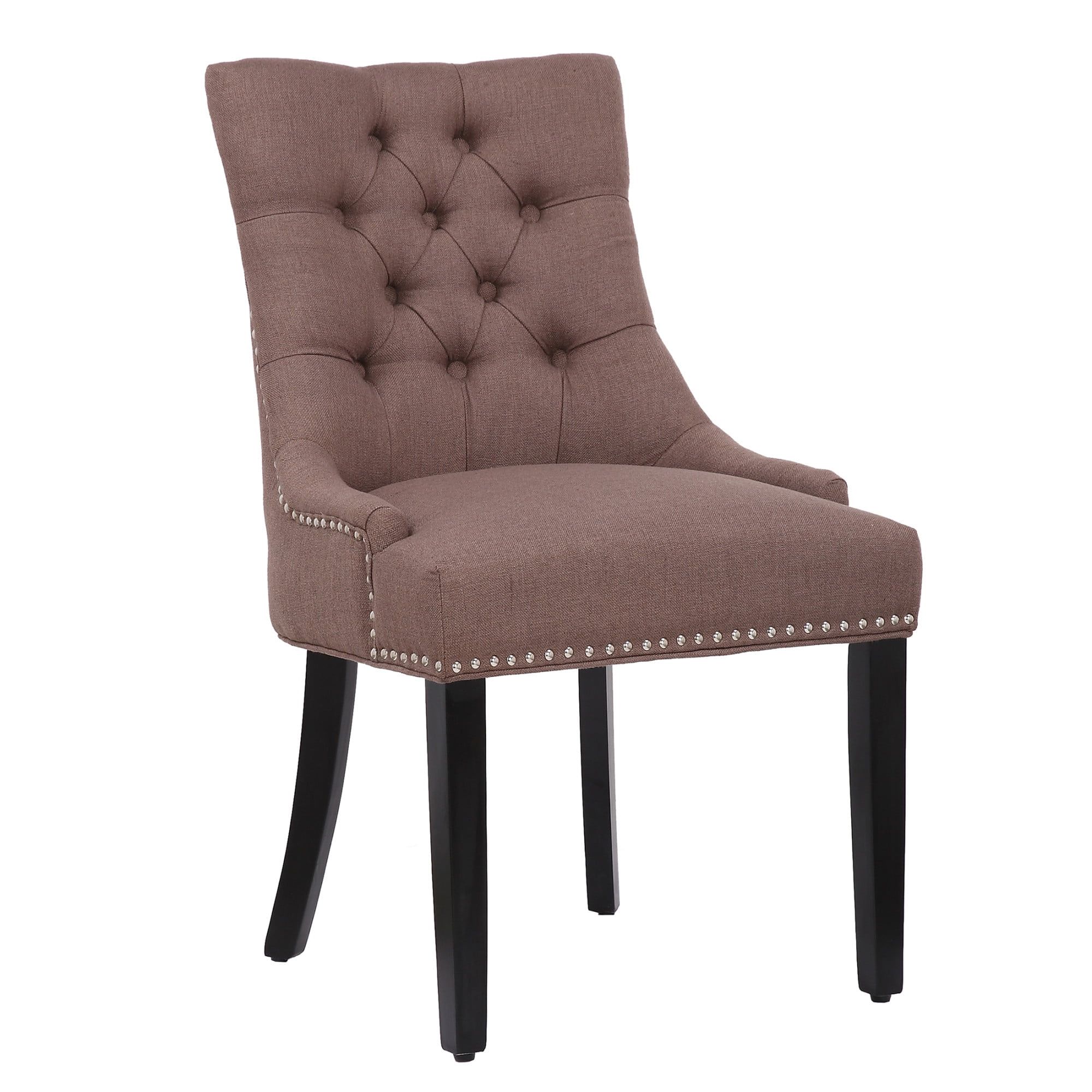 Brown Linen Upholstered Tufted Side Chair with Wood Legs