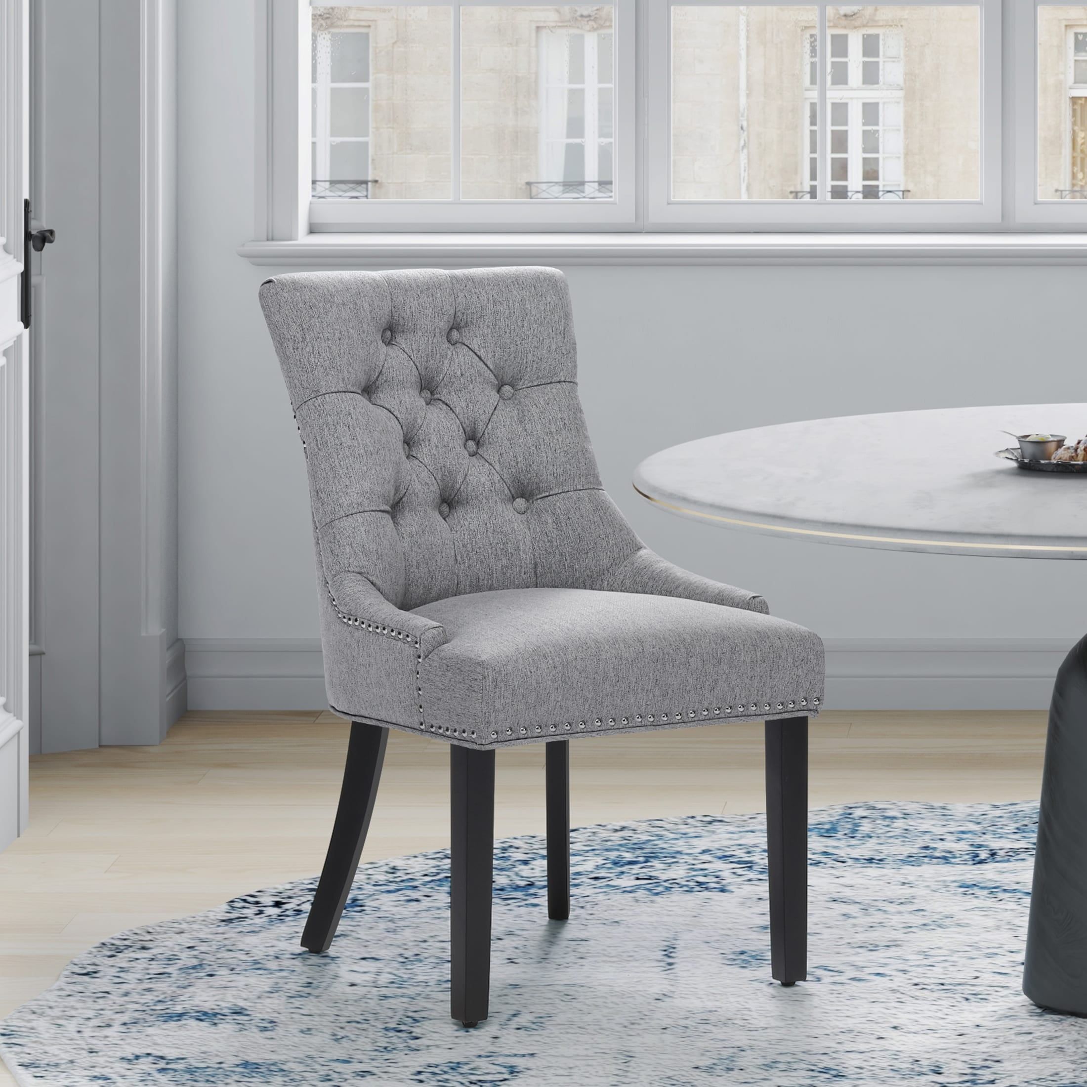 Elegant Gray Linen Upholstered High-Back Side Chair with Wood Accents