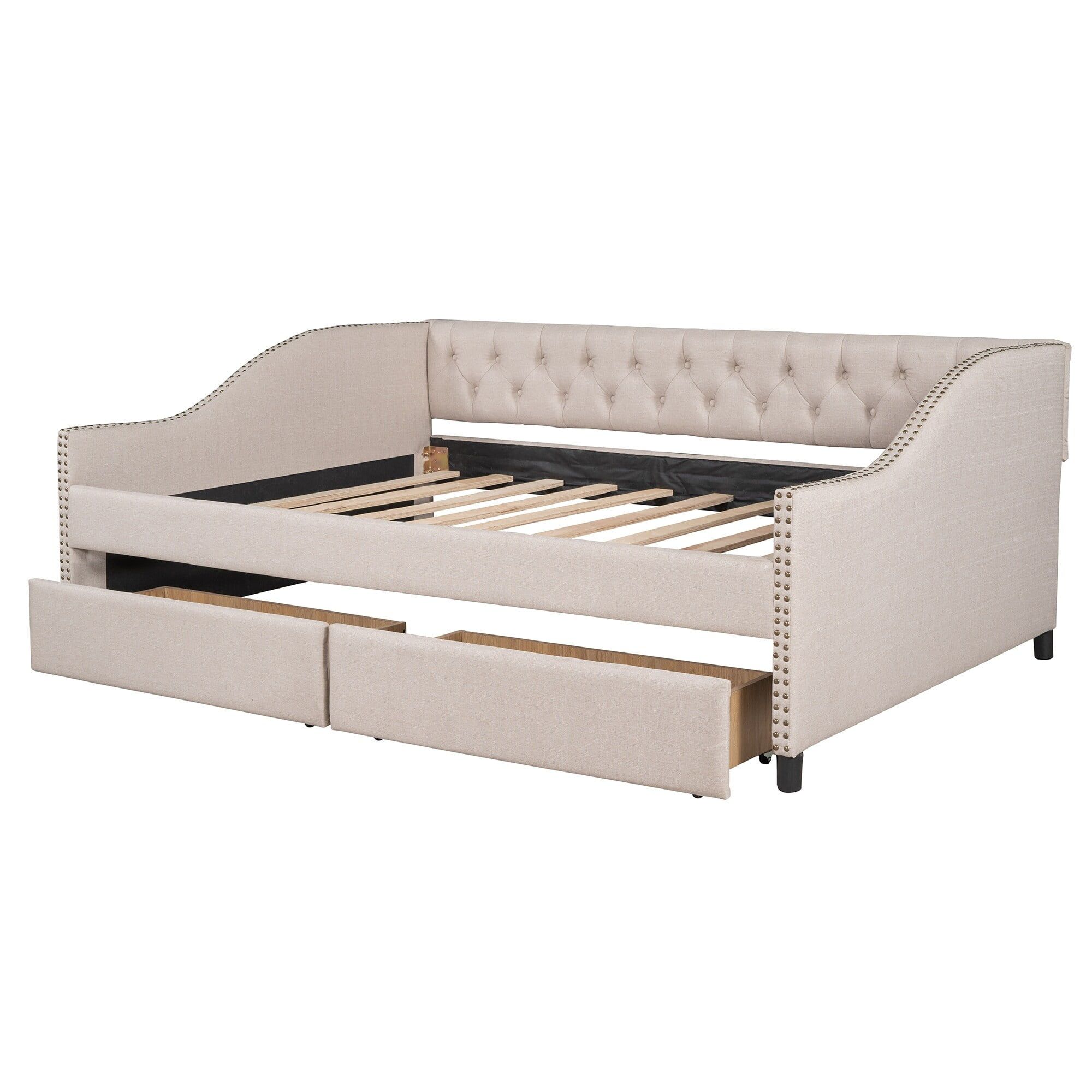 Beige Upholstered Daybed with Storage Drawers and Tufted Backrest