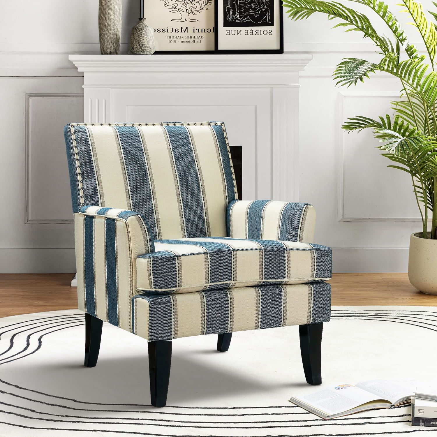 Navy Stripe Gleaming Nailhead Trim Club Accent Chair