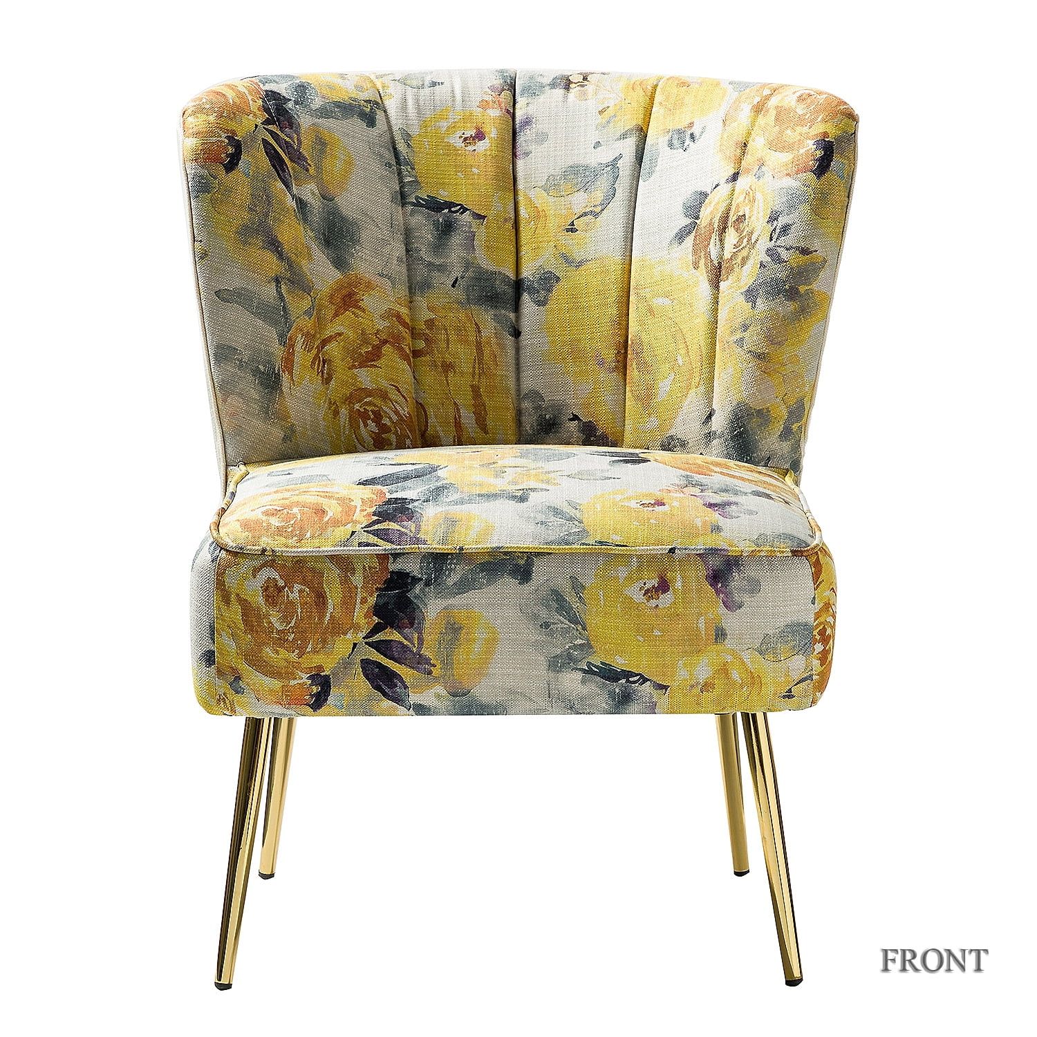 Yellow Floral Tufted Slipper Chair with Gold Metal Legs