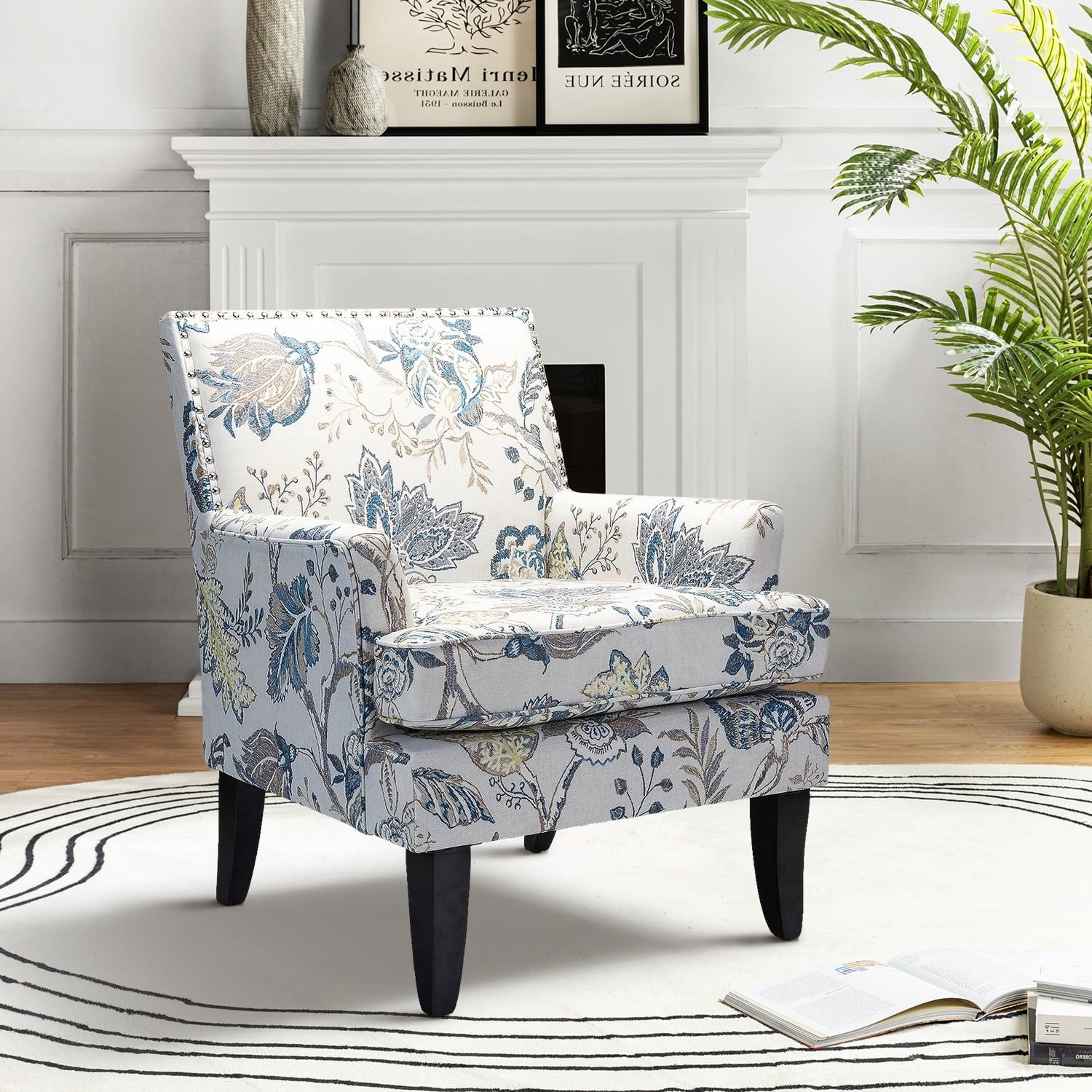 Blue and Yellow Floral Armchair with Nailhead Trim