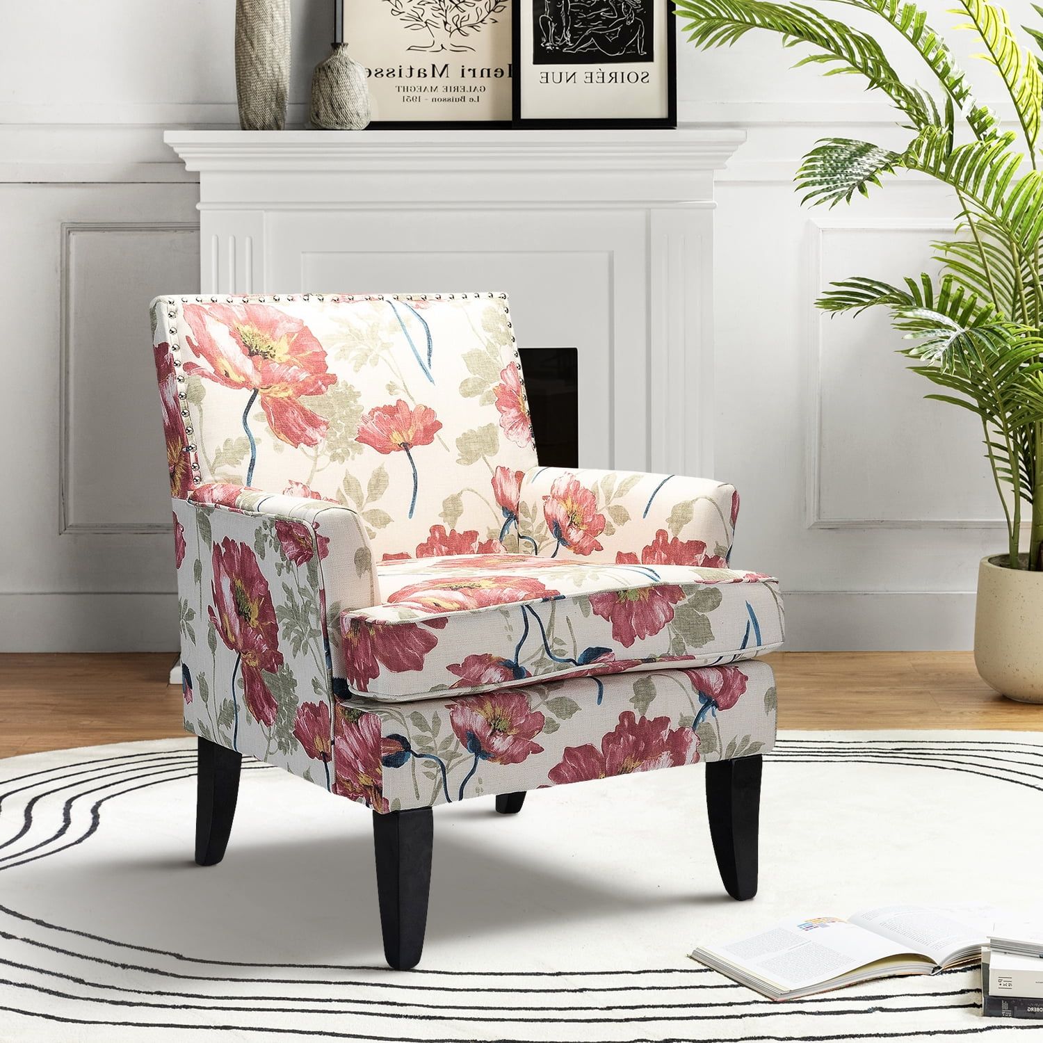 Red Floral Upholstered Accent Chair with Nailhead Trim