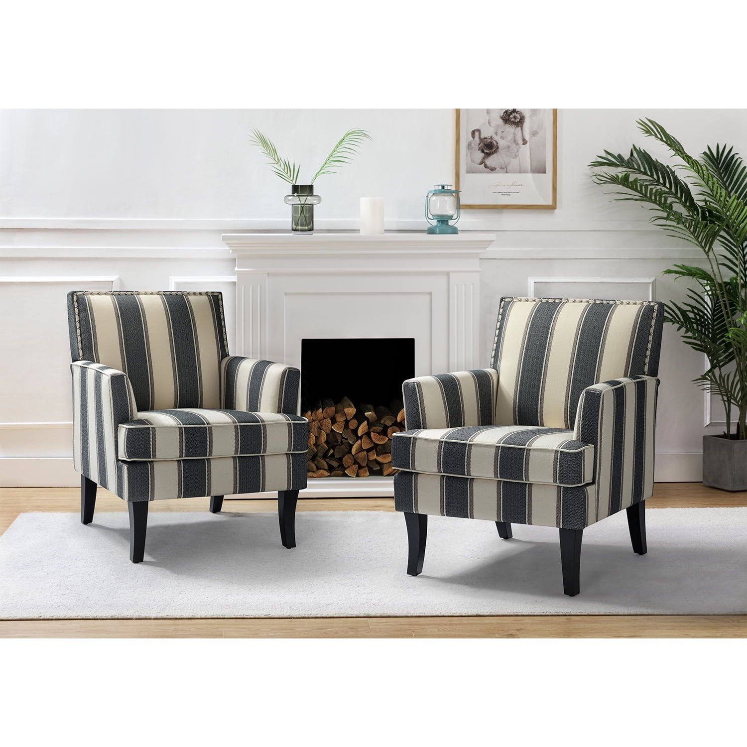 Black and White Striped Barrel Accent Chair Set with Nailhead Trim