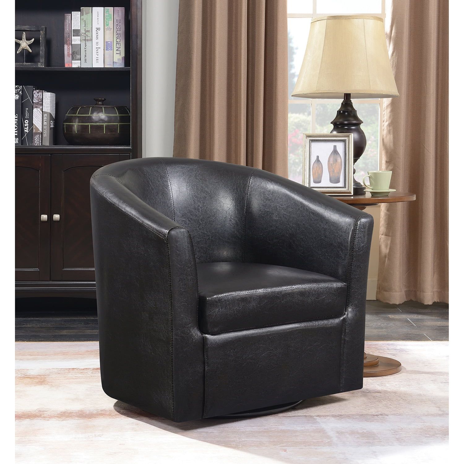 Black Faux Leather Barrel Swivel Accent Chair with Metal Base