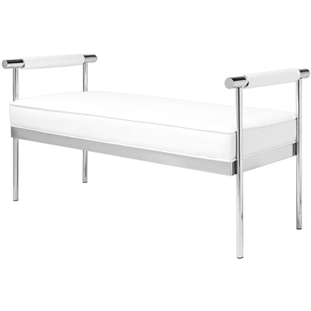 White Faux Leather Upholstered Bench with Polished Steel Frame