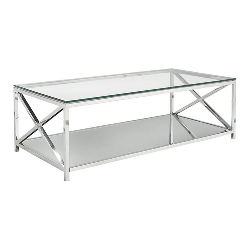 Silver Stainless Steel and Glass Coffee Table with Mirror Shelf