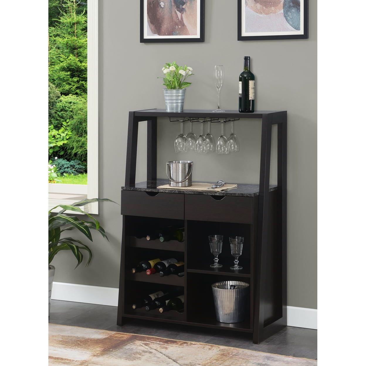 Uptown Black Faux Marble Wine Bar with Storage