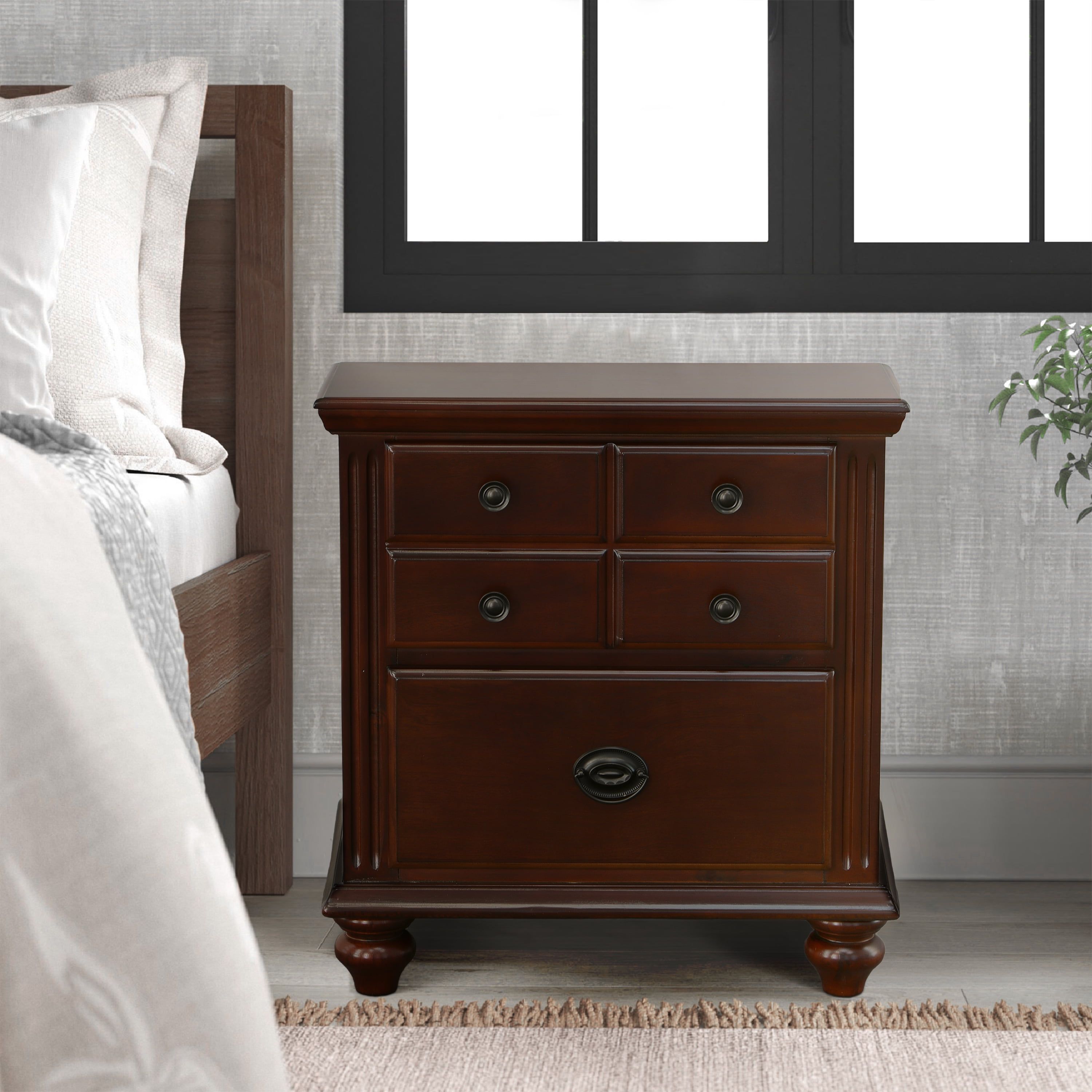 Elegant Cherry Finish 2-Drawer Traditional Nightstand with Antique Gold Knobs