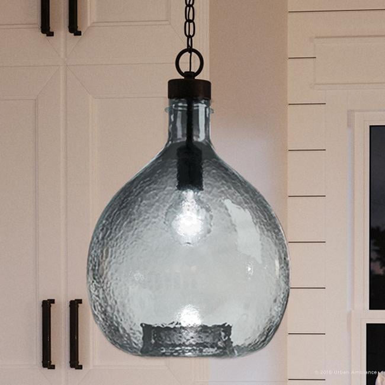 Medium Recycled Blue Glass and Bronze Farmhouse Pendant Light