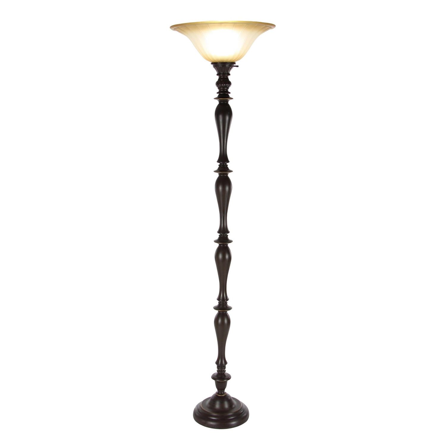 Espresso Finish Traditional 71" Torchiere Floor Lamp with Amber Glass