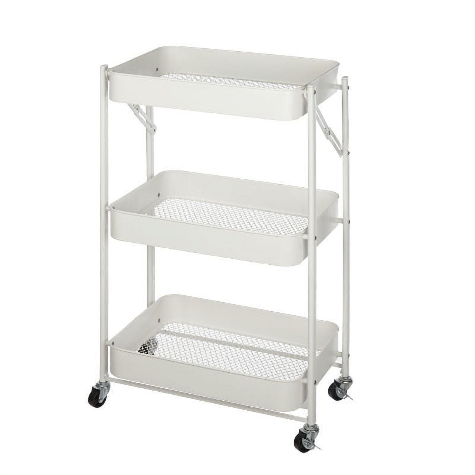 White Metal 3-Tier Foldable Rolling Utility Cart