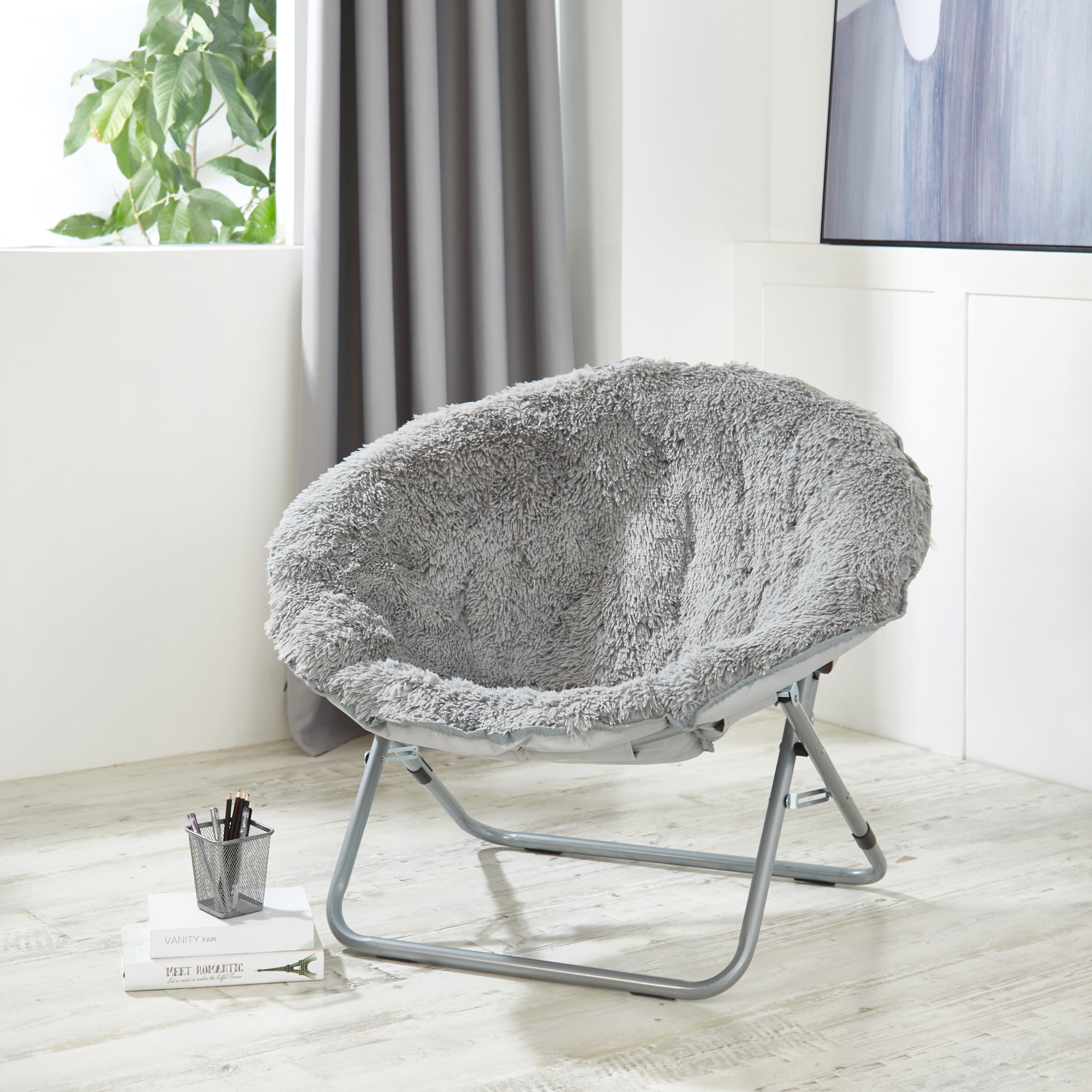 Silver Microfiber Oversized Moon Chair with Metal Frame