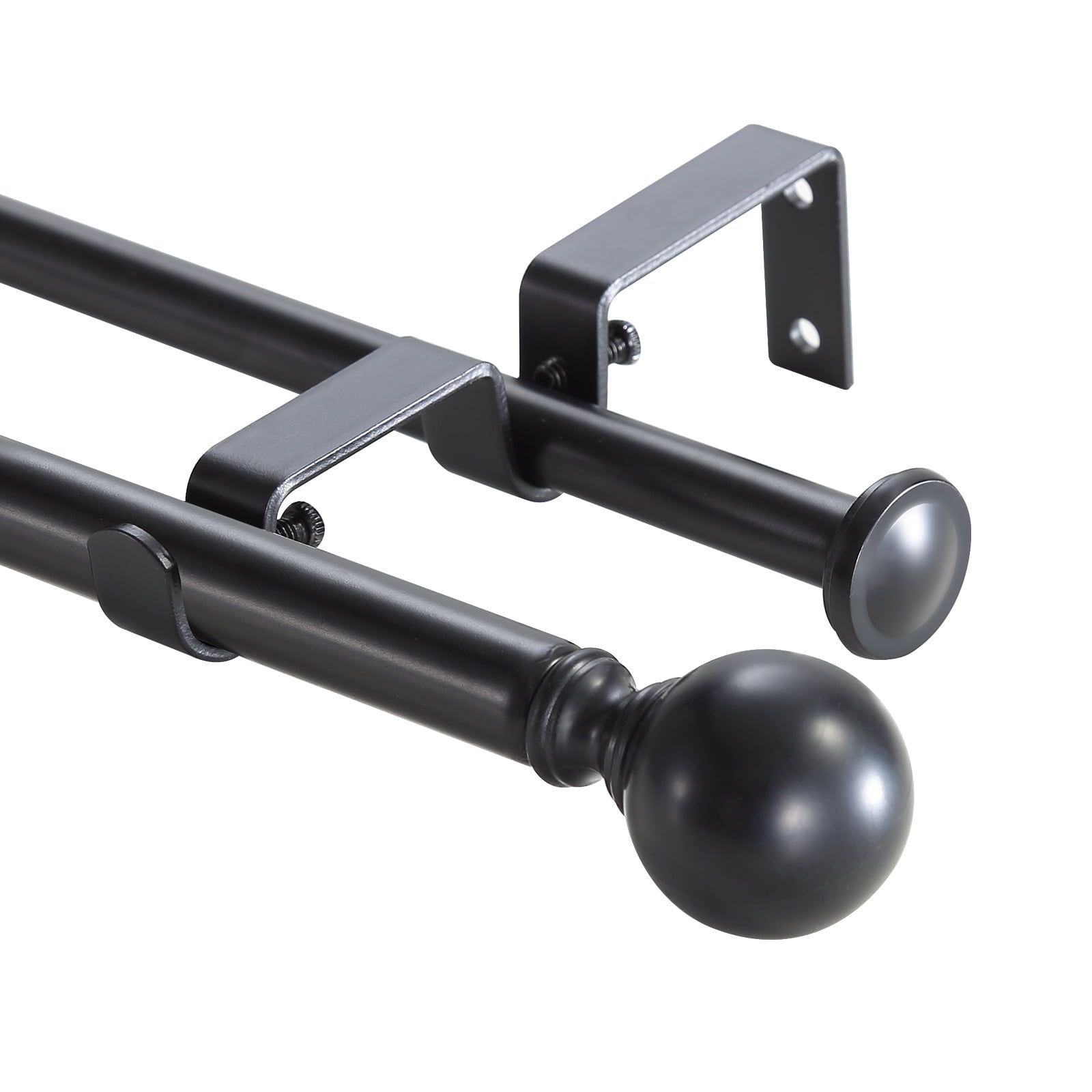 Matte Black Adjustable Double Curtain Rod Set with Ball Finials