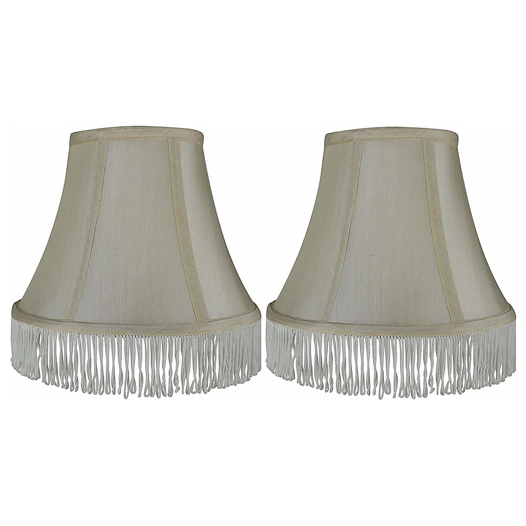 Cream Silk Bell Lamp Shades with White Fringe, Set of 2