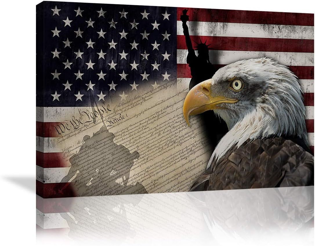 Patriotic Bald Eagle and American Flag Framed Canvas Print