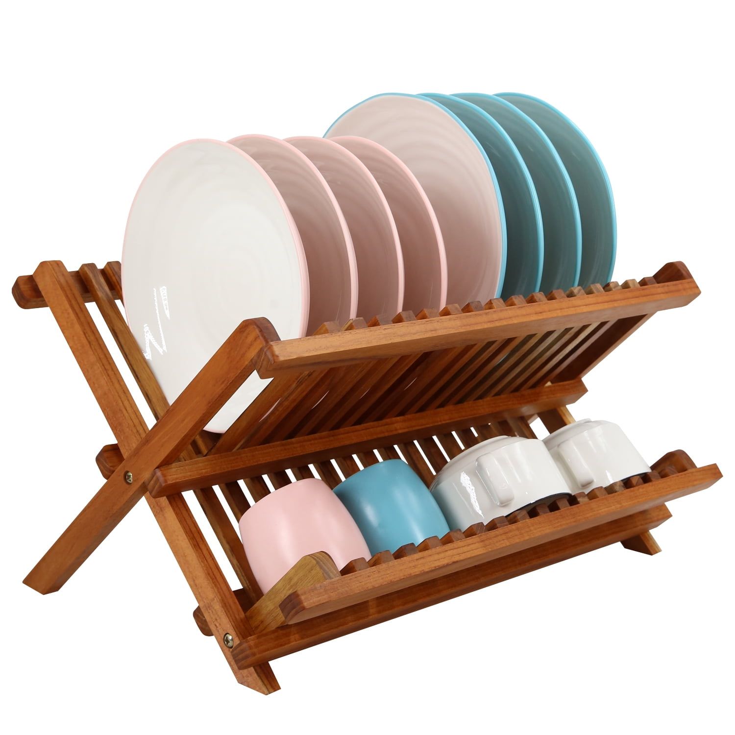 Teak Wood Foldable 2-Tier Dish Drying Rack