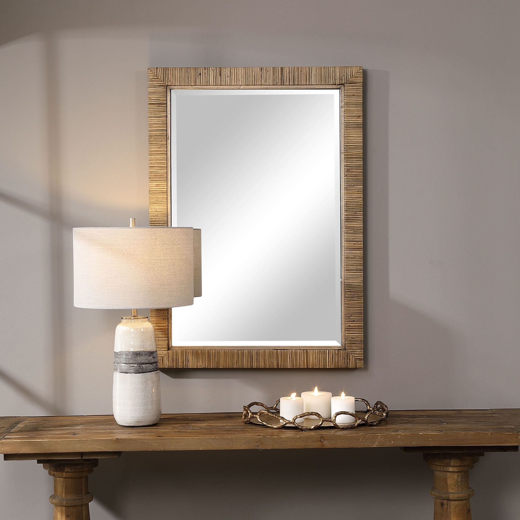 Cape 29" x 41" Transitional Coastal Natural Rattan and Oak Wall Mirror