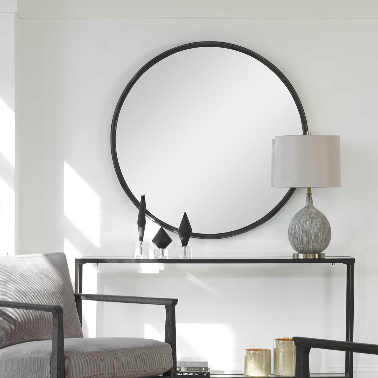 Dawsyn 44" Aged Black Round Wood Mirror