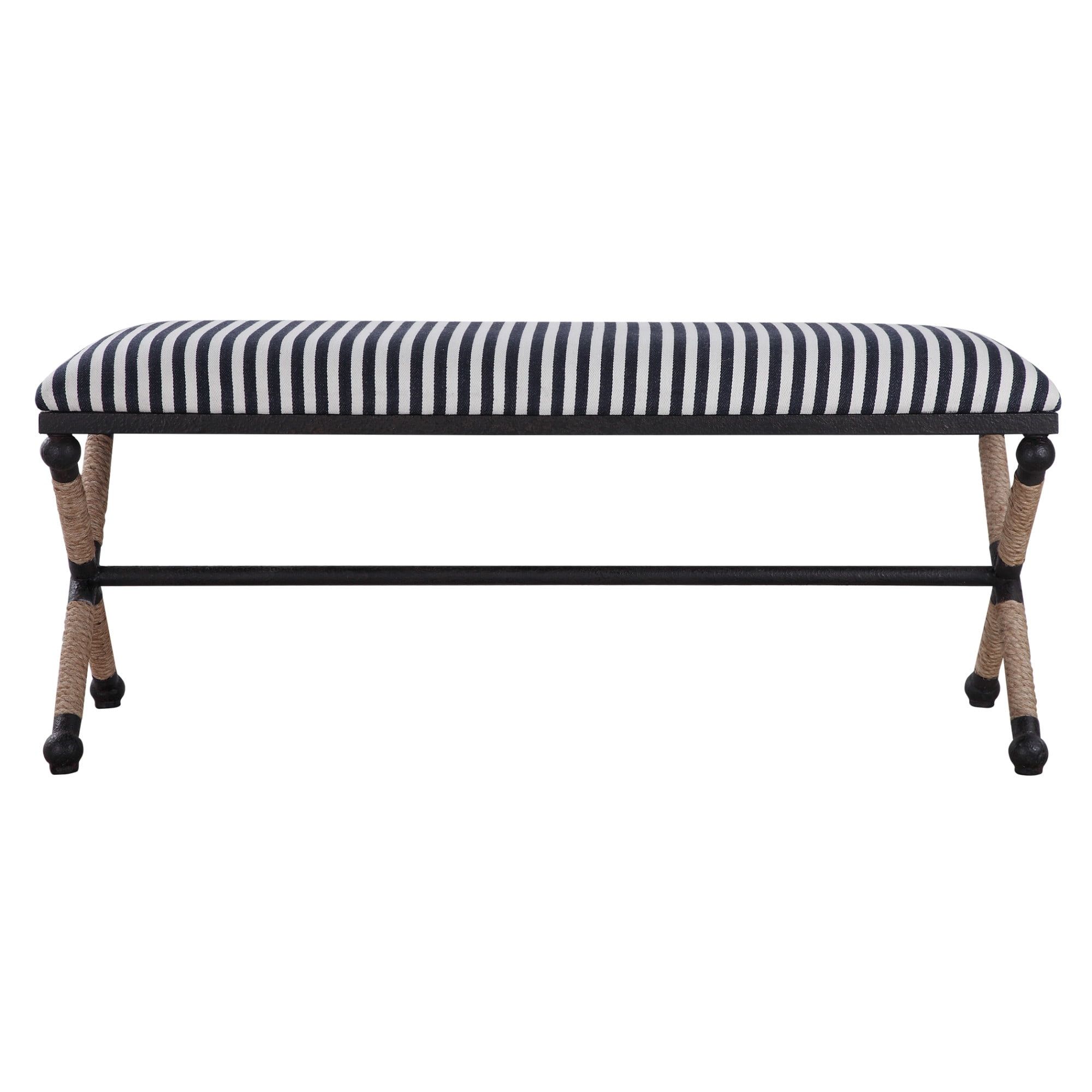 Coastal Charm Navy and Cream Striped Iron Bench, 48"