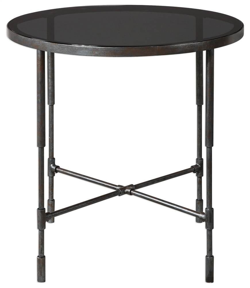 Contemporary Industrial Round Side Table with Smoked Glass Top