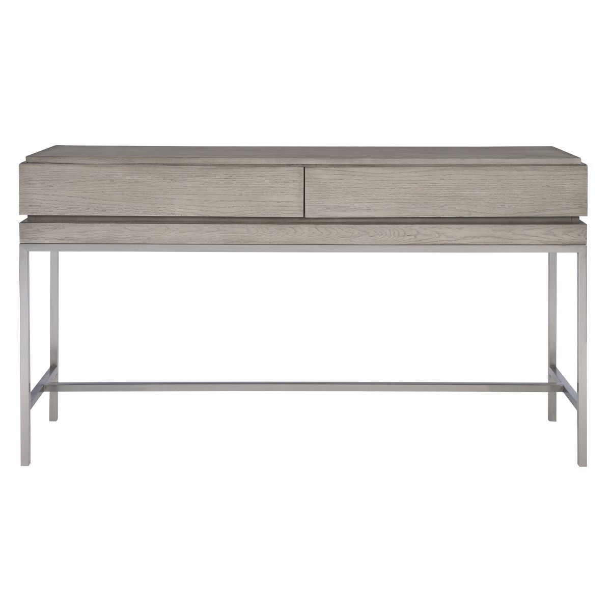 Kamala Chic Mushroom Gray Oak Console Table with Nickel Base