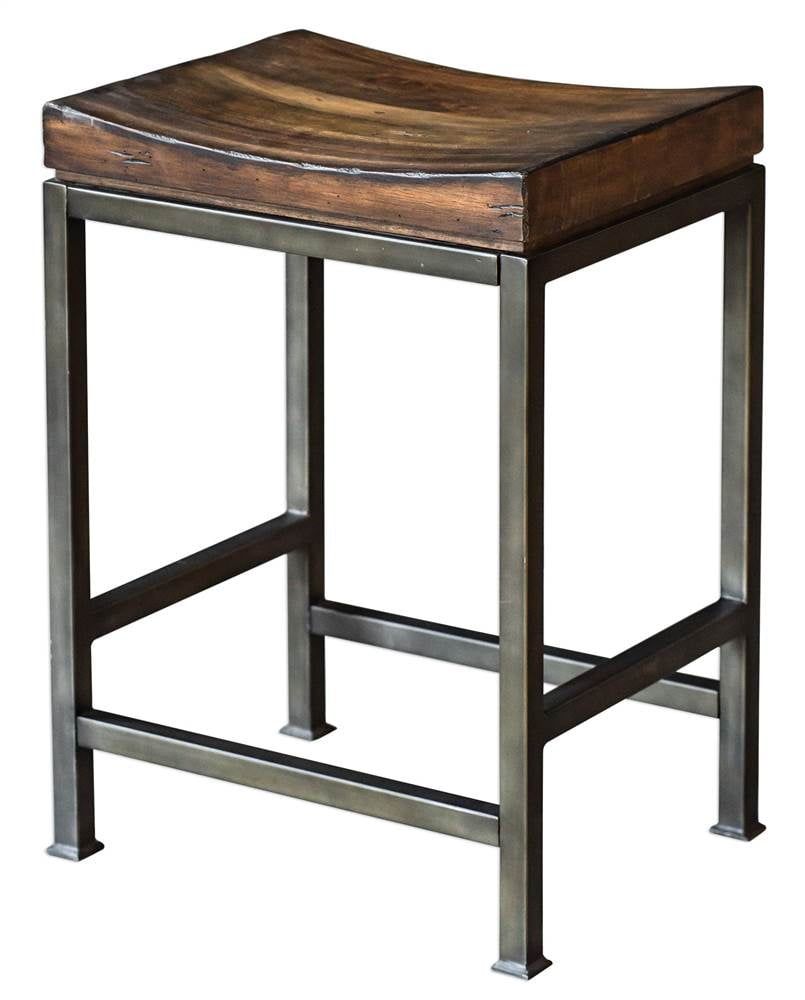 24" Brown Walnut and Steel Backless Counter Stool