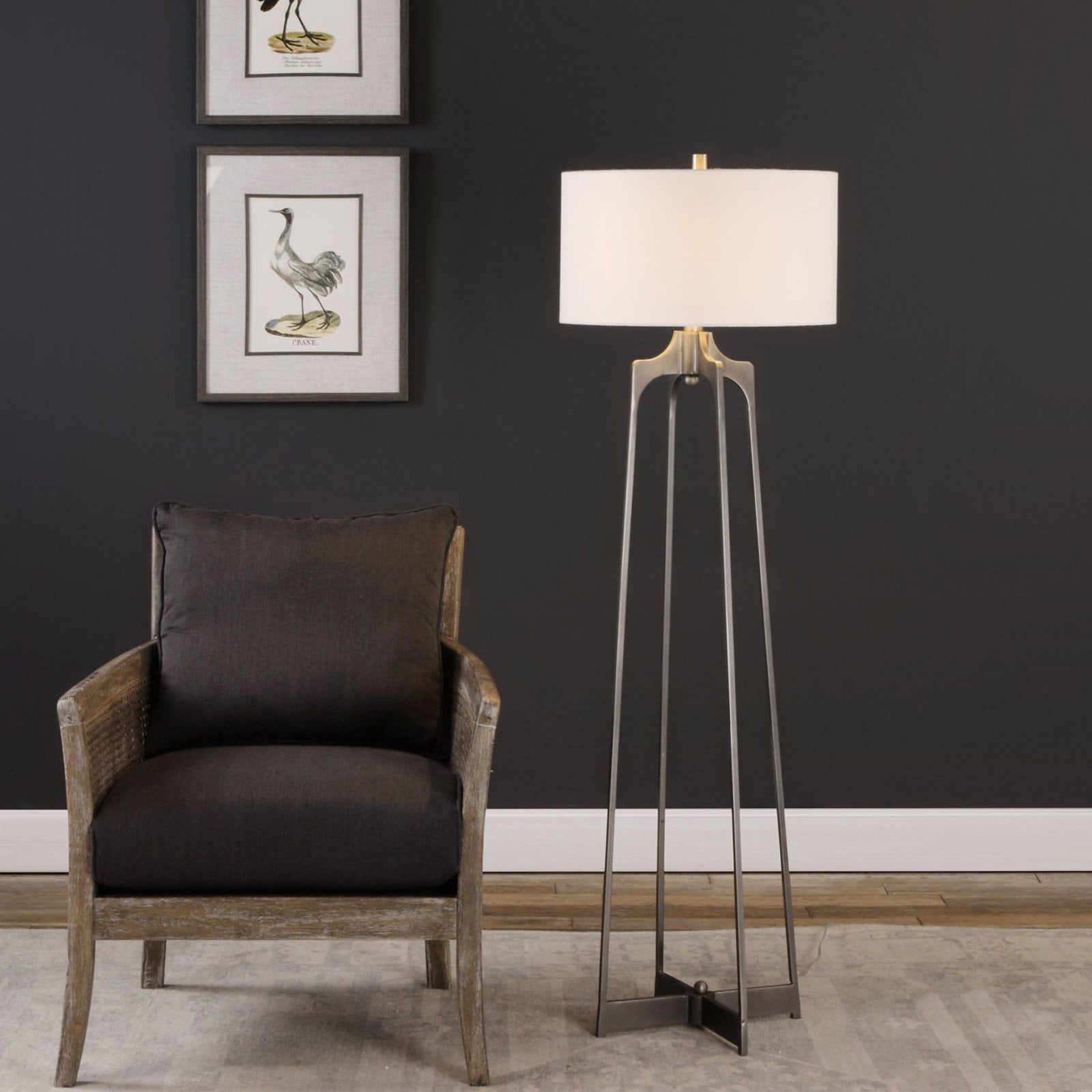 Adrian Aged Gun Metal Modern Floor Lamp with White Linen Shade