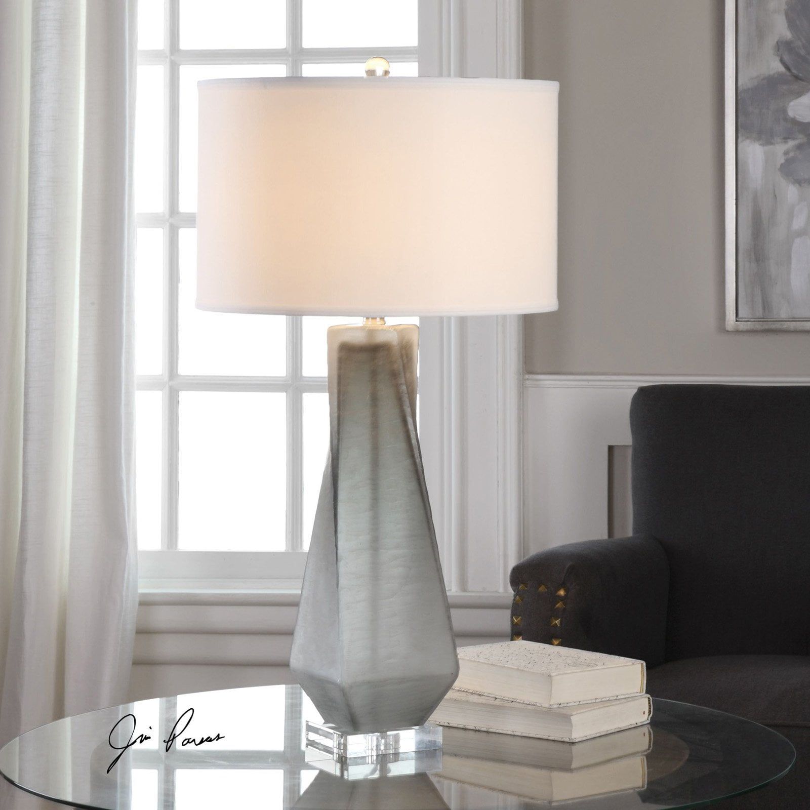 Charcoal Gray Glass Table Lamp with Nickel Accents