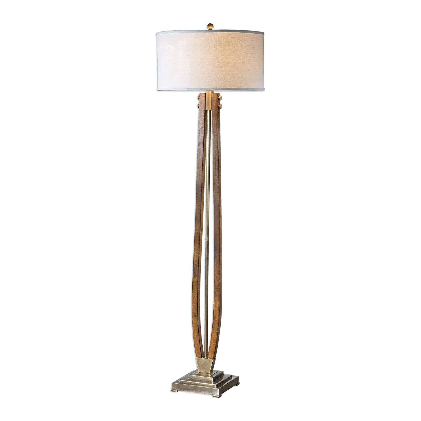 Burnished Honey Wood and Bronze Floor Lamp with Linen Shade