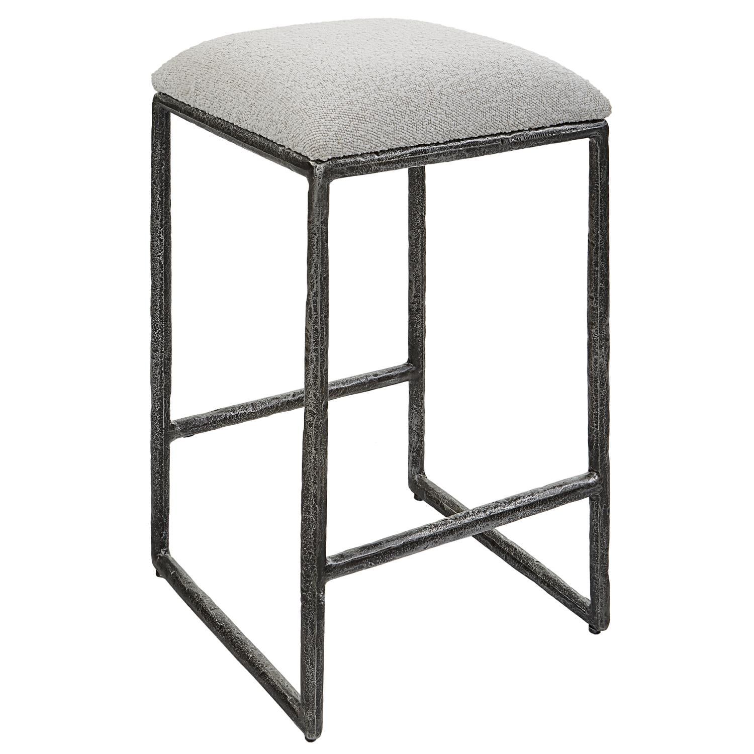 Distressed Charcoal Metal Backless Counter Stool with Boucle Seat