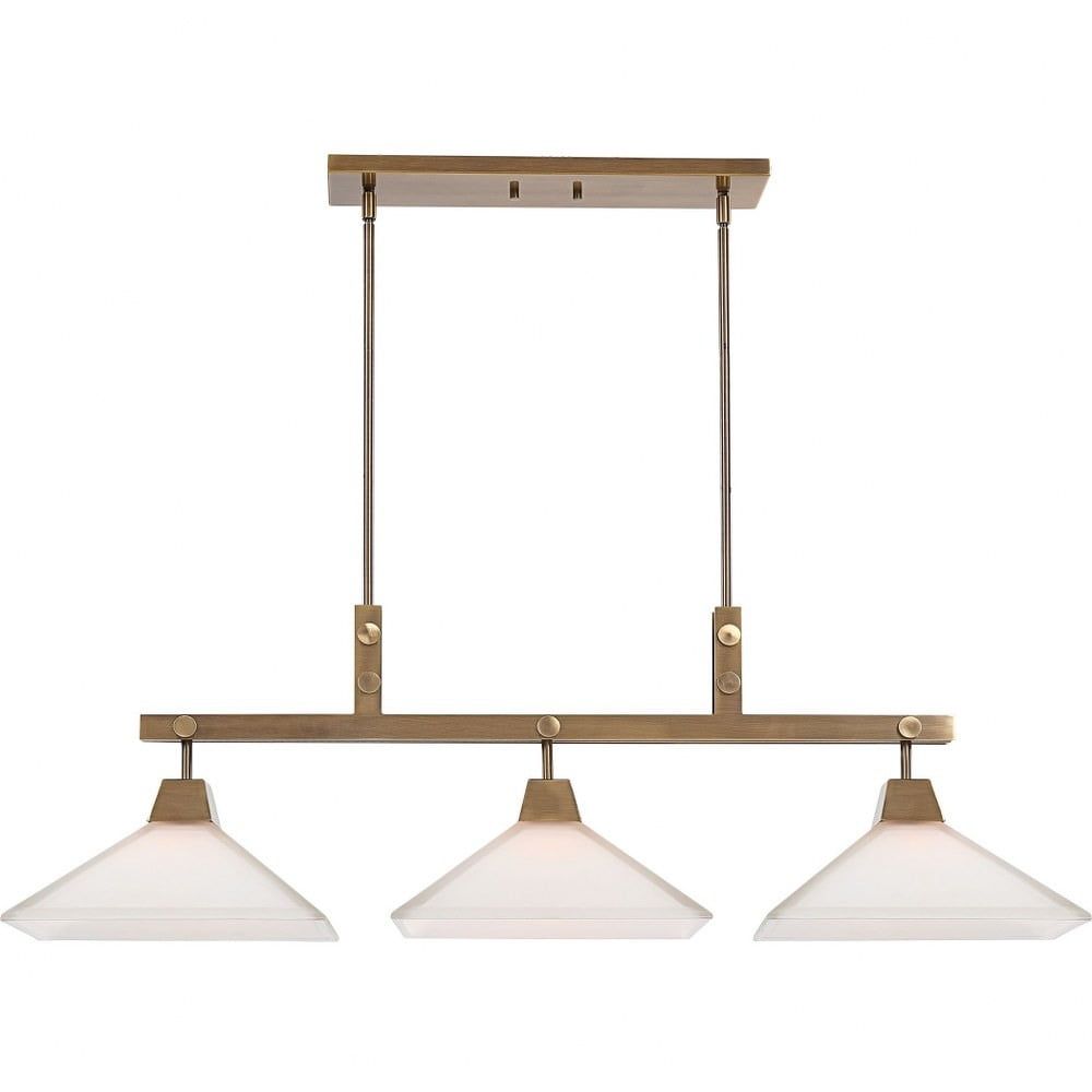 Aged Brass 3-Light Linear Chandelier with Frosted Glass Shades