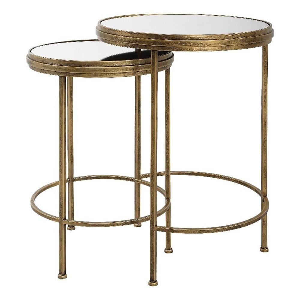 Antique Brushed Gold Mirrored Metal Nesting Tables Set