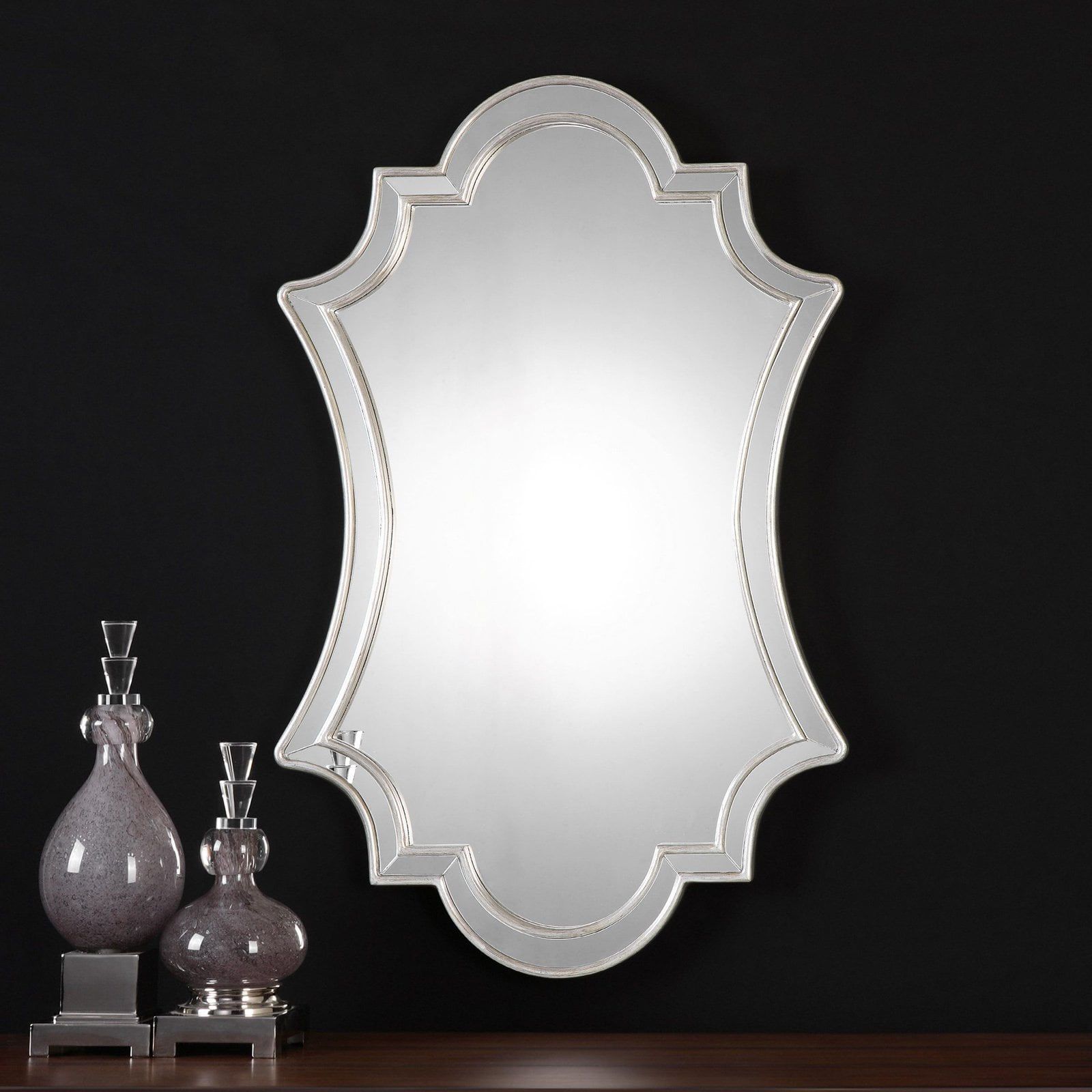 Elegant Transitional 27x43 Frameless Mirror with Antiqued Silver Finish