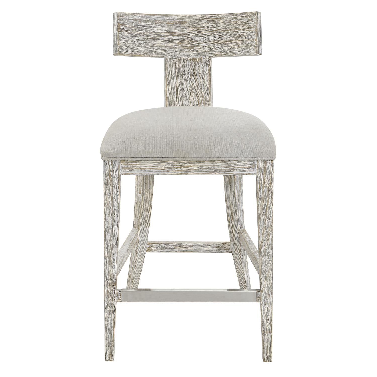 Modern Curved Whitewashed Pine Wood Counter Stool with White Cushion