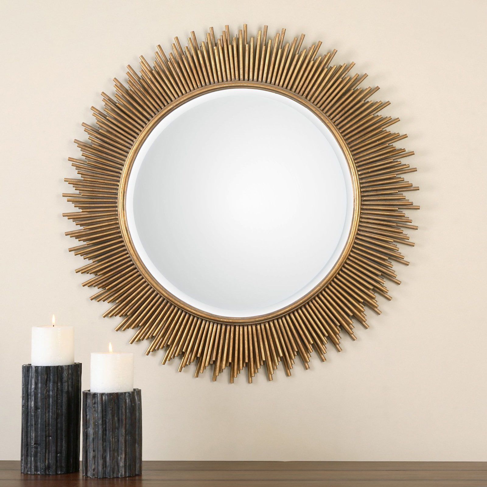 Transitional Sunburst Round Wood & Gold Mirror 36"