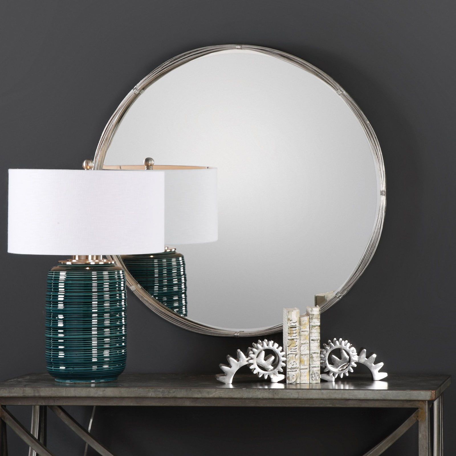 Transitional Industrial 40" Round Silver Leaf Wall Mirror