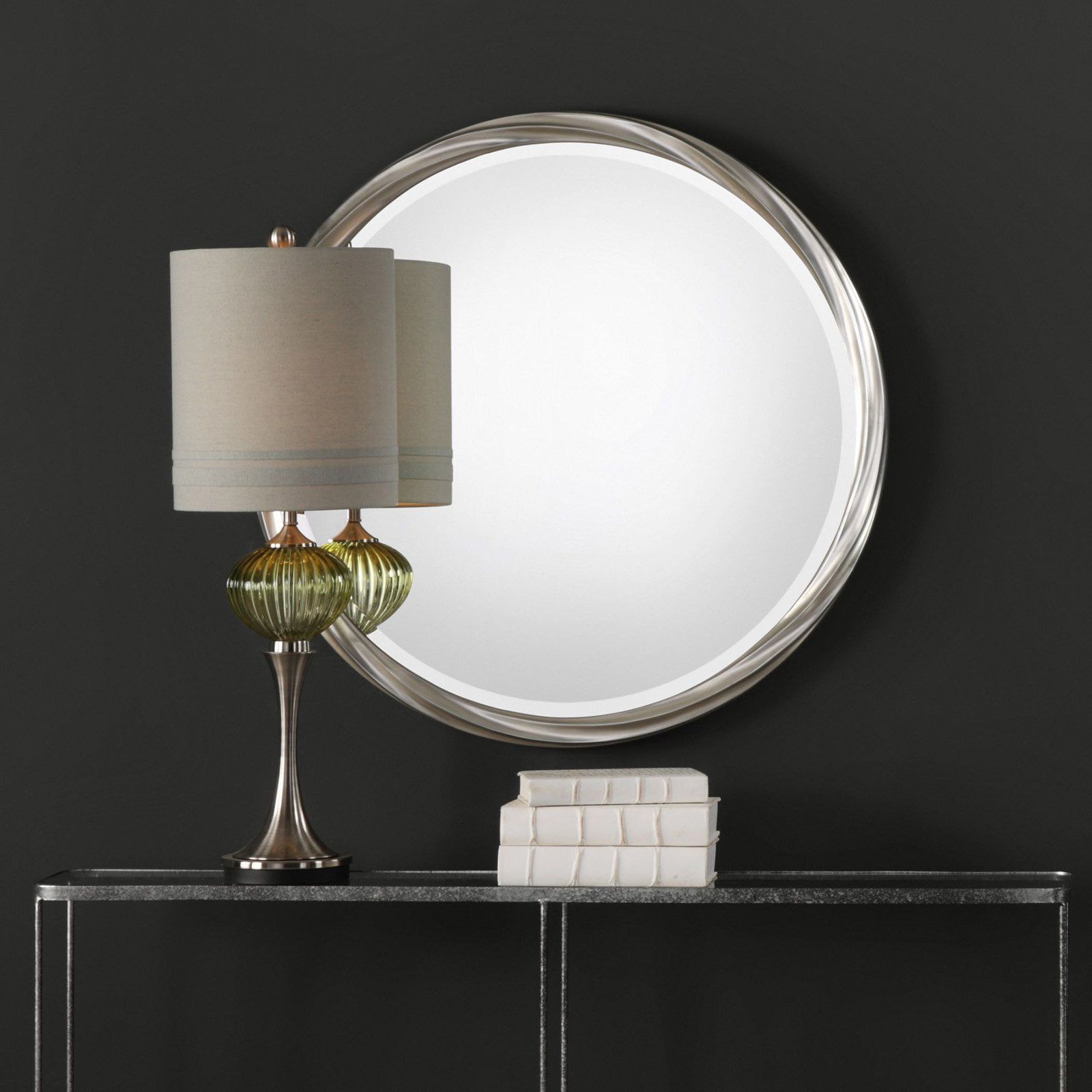 36" Round Silver Wood Transitional Wall Mirror