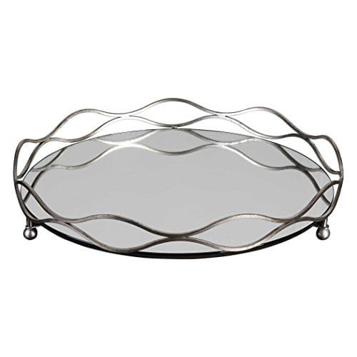 Silver Round Mirrored Decorative Tray with Wavy Metal Rims