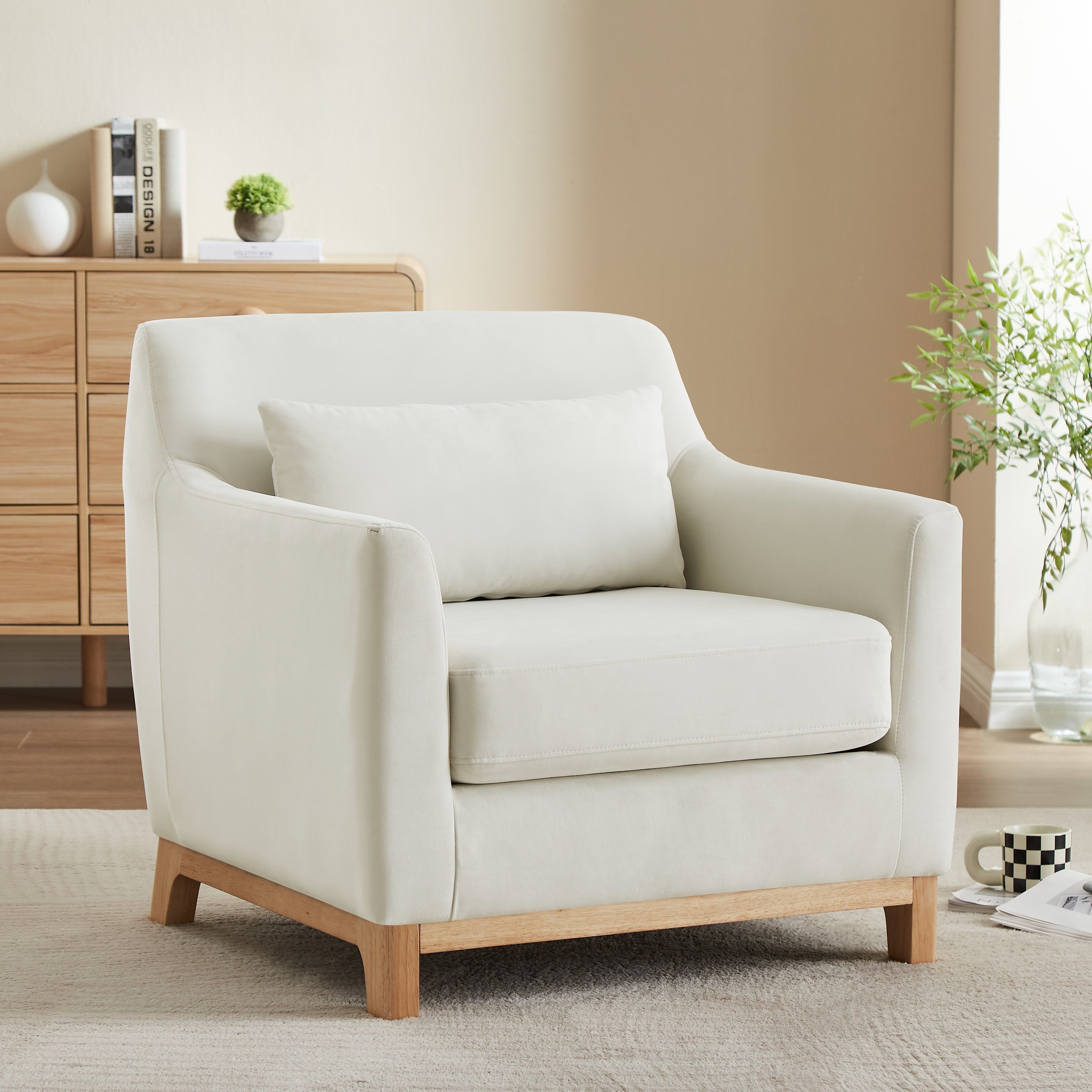 Beige Velvet Upholstered Accent Chair with Wood Legs