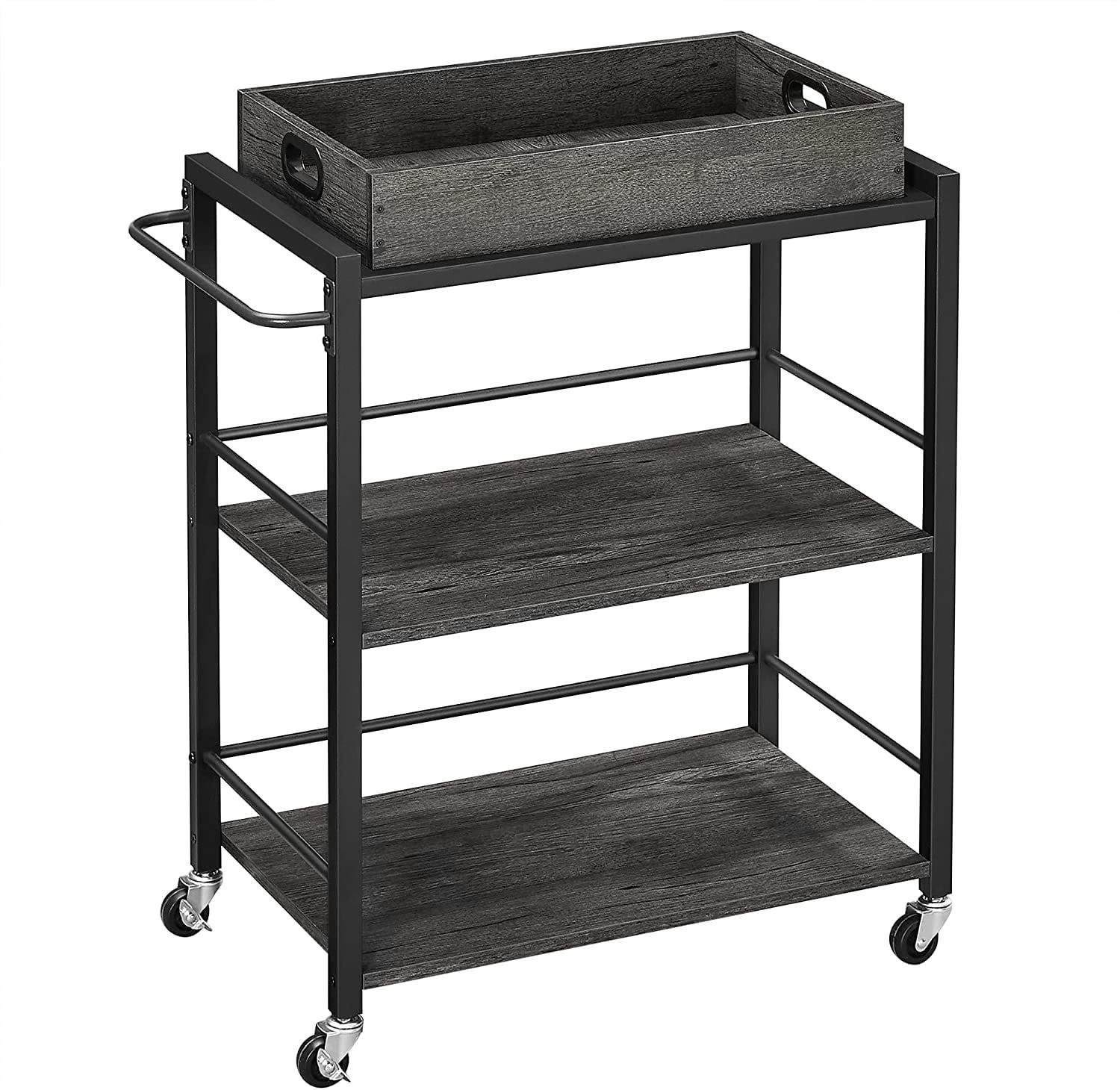 Charcoal Gray and Black 3-Tier Industrial Bar Cart with Storage